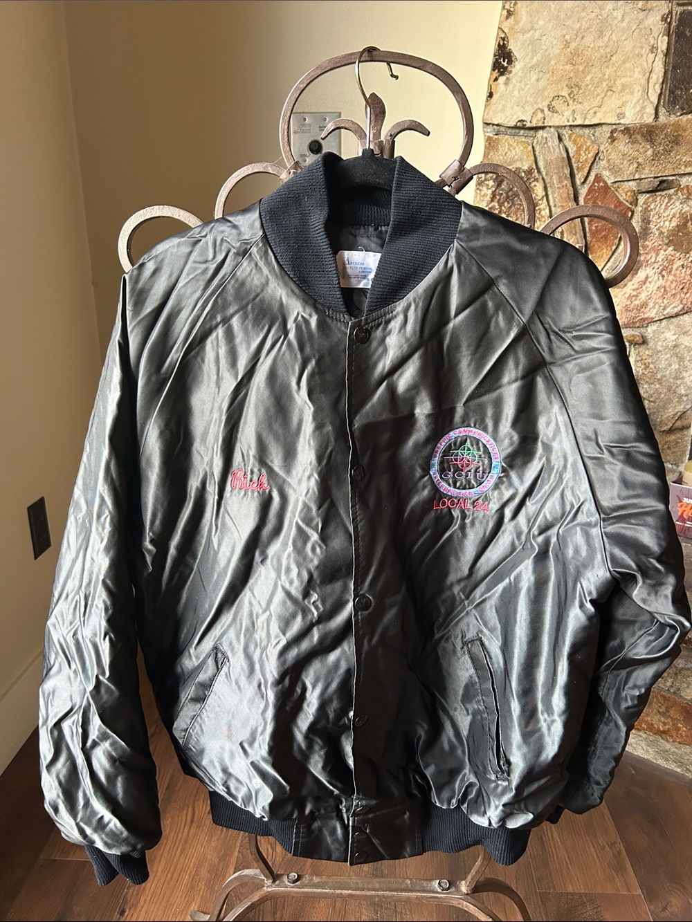 Rick’s Union Jacket: Black Satin Bomber Jacket with Embroidered Patch